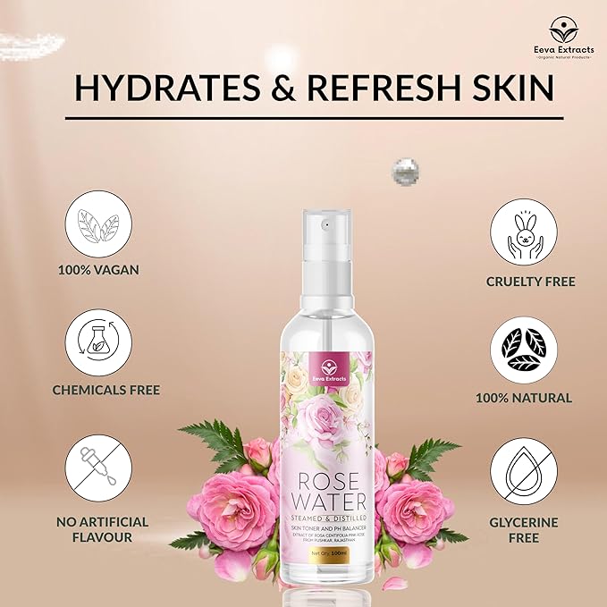 Eeva Extracts - Organic Rose Water I Natural Hydrates,Cleanses & Moisturises for Skin & Face I No Sulphate,Alcohol,&Parabens I pH Balancer I Facial Toner Spray I for Women & Men,100Ml