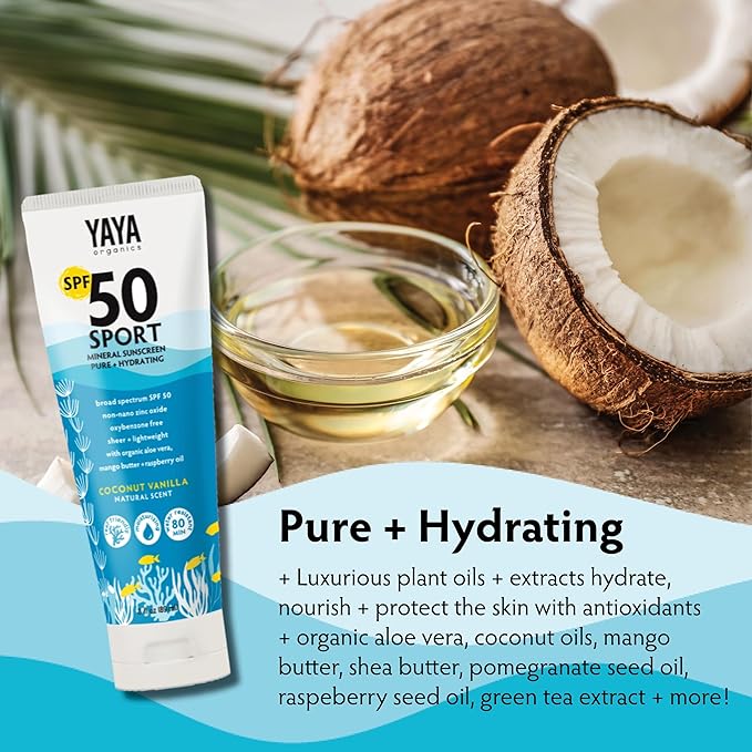 YAYA ORGANICS Sport Mineral Sunscreen Lotion, SPF 50, Reef-Friendly, Non-Nano Zinc Oxide, Water-Resistant, Pure + Hydrating, 3 oz