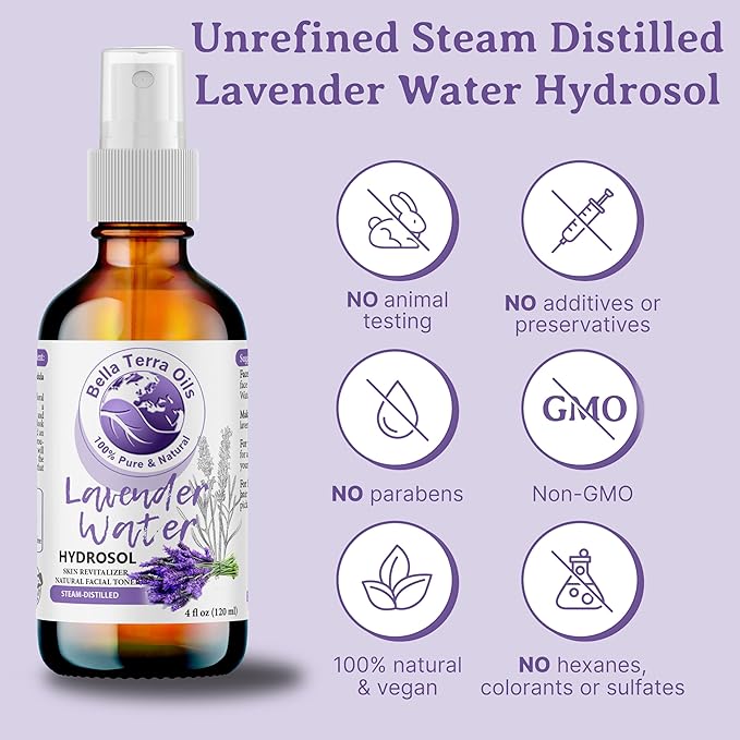 Bella Terra Oils - Lavender Water Spray 8 oz - Steam-Distilled Perfection, Bursting with Vitamin K & Omega-9, Elevate Your Skin Refreshment Routine