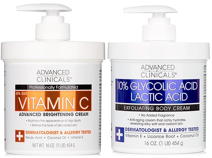 Advanced Clinicals Brightening Vitamin C Body Cream + AHA Exfoliating 10% Glycolic Acid & Lactic Acid Lotion 2PC Skincare Set For Women & Men To Reduce Appearance Of Dark Spots & Uneven Skin Tone