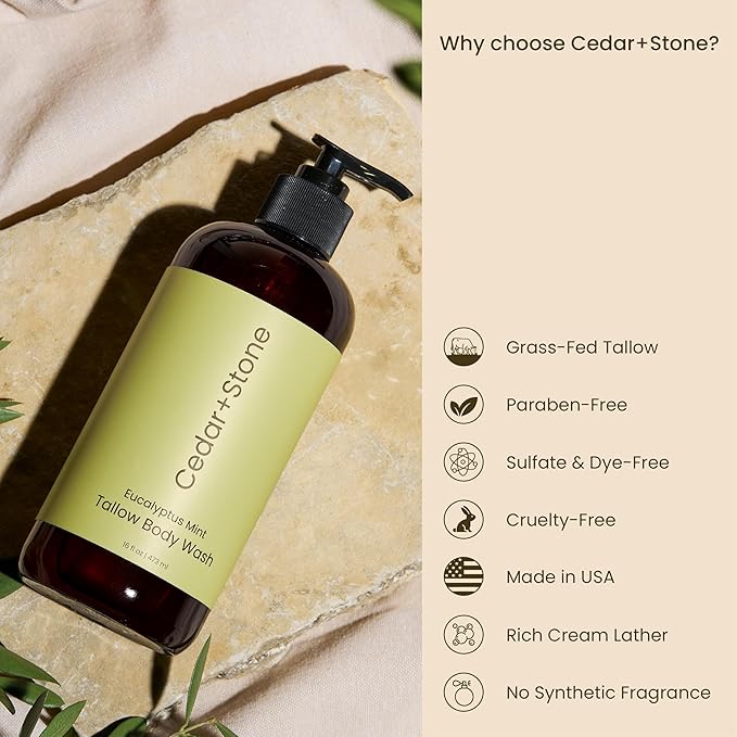 Cedar + Stone Tallow Body Wash – Liquid Tallow Soap & Shower Gel with USDA Organic Oils – Deeply Moisturizing, Sulfate-Free Cleanser for Sensitive Skin – Eucalyptus & Mint – Made in USA, 16oz