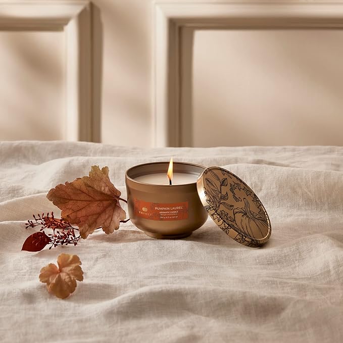 Thymes Scented Candles for Women & Men – Tin with Lid – Luxury Home Decor – Pumpkin Candles with Notes of Nutmeg, Cinnamon, Clove, & Orange Peel – Fall Decor (Pumpkin Laurel, 6.5 oz)