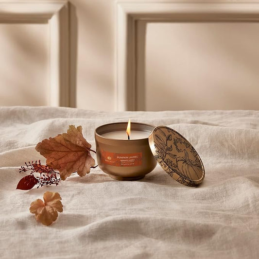 Thymes Scented Candles for Women & Men – Tin with Lid – Luxury Home Decor – Pumpkin Candles with Notes of Nutmeg, Cinnamon, Clove, & Orange Peel – Fall Decor (Pumpkin Laurel, 6.5 oz)