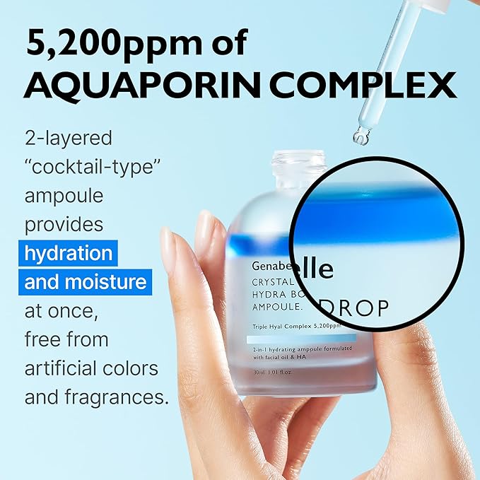 Genabelle Crystal Drop Hydra Booster Ampoule – Hydrating Serum with Hyaluronic Acid, Panthenol & Jojoba Oil for Skin Barrier and Glow – 1.01 fl.oz