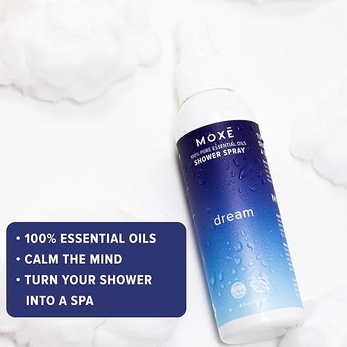 MOXĒ Dream Lavender & Chamomile Shower Mist, Spa Steam Spray, Certified Natural Essential Oils, Aromatherapy, Tension Relief, USA Made, 4 Ounces