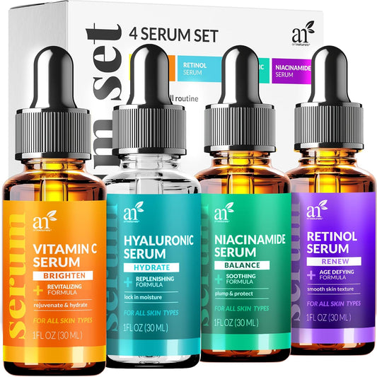 Vitamin C Serum Set – 4-Piece Anti-Aging Kit with Retinol, Hyaluronic Acid & Niacinamide, Brightening & Wrinkle Repair (3-Month Supply)