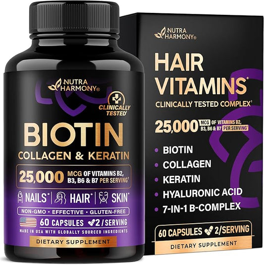Biotin | Collagen | Keratin - Clinically Tested Supplement - Hair Growth Support, Skin & Nails - 25000 mcg Vitamins B2, B3, B6 & B7 + B1 & Hyaluronic Acid - Made in USA - Women & Men | 60 Capsules