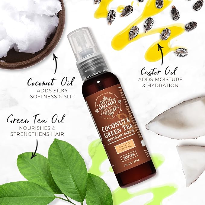 Qhemet Biologics Coconut & Green Tea Softening Serum - Lightweight Hair Serum to Soften, Smooth & Revitalize Dry Hair - Adds Slip and Shine to Thin, Fine, Low Porosity Strands (2 oz)