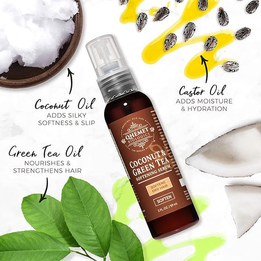 Qhemet Biologics Coconut & Green Tea Softening Serum - Lightweight Hair Serum to Soften, Smooth & Revitalize Dry Hair - Adds Slip and Shine to Thin, Fine, Low Porosity Strands (2 oz)