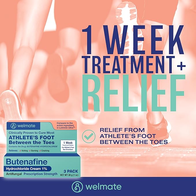 WELMATE - Athletes Foot Treatment Extra Strength - Antifungal Cream - Butenafine Hydrochloride - Relief from Ringworm, Athlete's Foot & Jock Itch - Foot Care - Nail Fungus Treatment For Toenail - 3 Pk