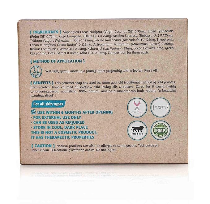 ROOTS AND HERBS Cold Process Gourmet Cleansing Bar Oats, Cacao & Mint Scrubby Body Soap 100% Vegan, Natural & Ayurvedic Gluten Free Soap Suits for All Skin Types for Men & Women - (110 gms/3.8 oz)