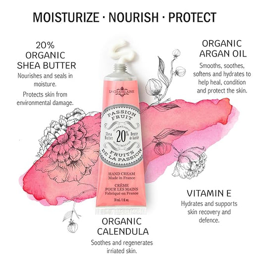 La Chatelaine 20% Shea Butter Hand Cream Travel Size, Organic Argan Oil, Moisturizing, Nourishing, Repairing, Extra-Rich Hand Lotion, Made in France, Paraben Free, 1 oz / 30ml (Passion Fruit)