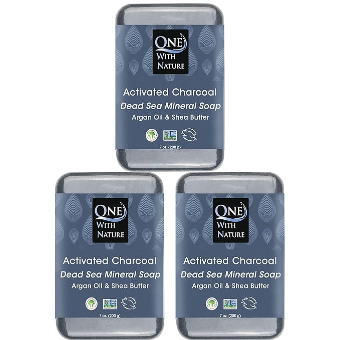 One With Nature Activated Charcoal Soap 7oz 3-Pack – Detoxifying and Exfoliating Charcoal Soap Bar with Dead Sea Salt for Face & Body, for Men & Women