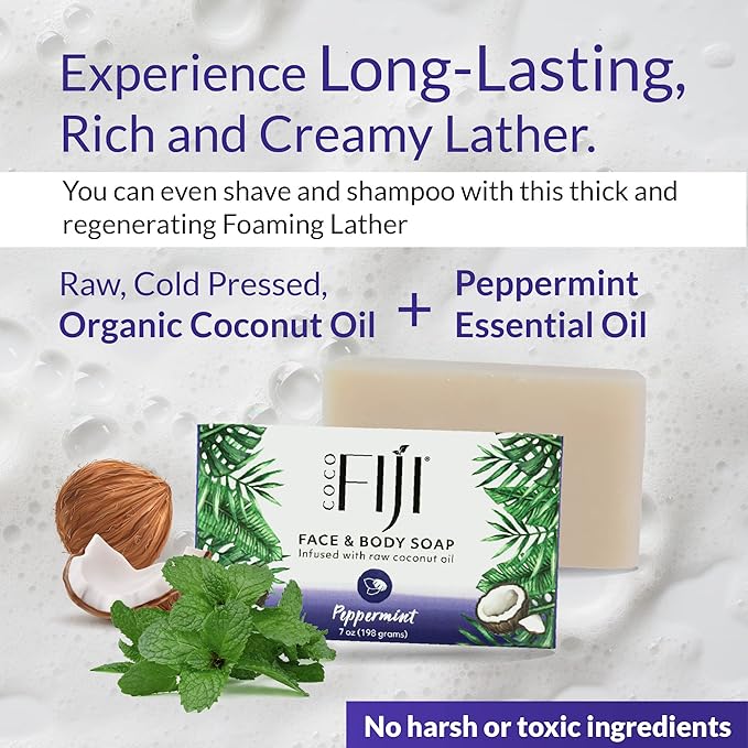 "Coco Fiji Soap Bar for Face and Body Infused With Organic Coconut Oil, Peppermint, Essential Oil, Natural Soap for Moisturizing & Pore Purifying Skin, 7 oz, Pack Of 3 "