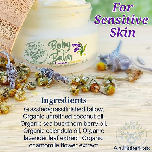Baby Tallow Balm with Lavender Leaf and Chamomile Extract, Whipped Grass fed/finished Tallow, with Organic Ingredients for Delicate Skin (1.7 oz)