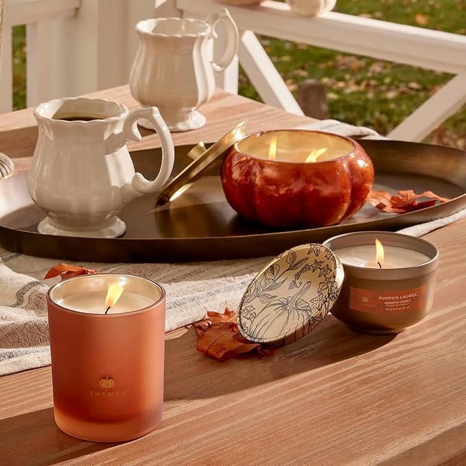 Thymes Scented Candles for Women & Men – Tin with Lid – Luxury Home Decor – Pumpkin Candles with Notes of Nutmeg, Cinnamon, Clove, & Orange Peel – Fall Decor (Pumpkin Laurel, 6.5 oz)