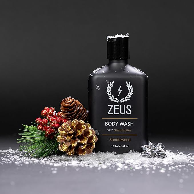 ZEUS Men's Natural Body Wash, Hydrating Shower Gel with Sandalwood Oil, Aloe Vera, Shea Butter & Invigorating Essential Oils for Skin Revitalization (Made in USA) 12 oz.