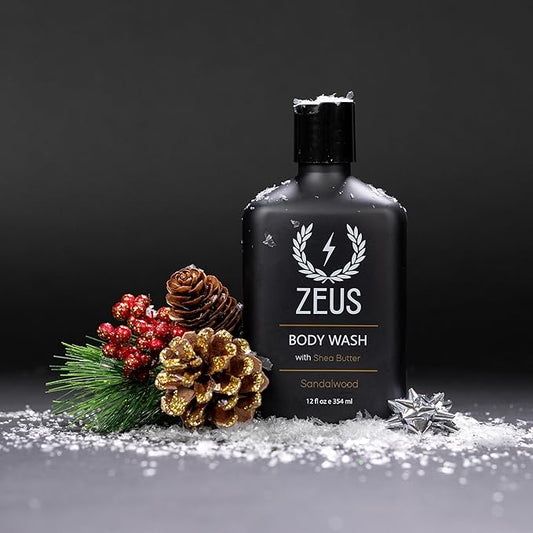 ZEUS Men's Natural Body Wash, Hydrating Shower Gel with Sandalwood Oil, Aloe Vera, Shea Butter & Invigorating Essential Oils for Skin Revitalization (Made in USA) 12 oz.
