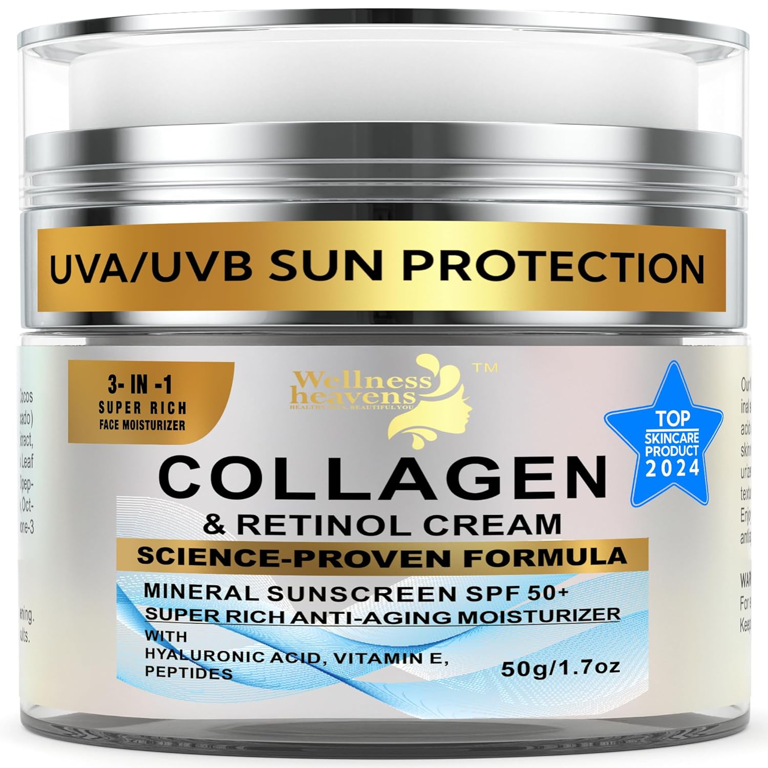 Daily Face Moisturizer with SPF 50 – Anti-Aging Retinol Cream with Hyaluronic Acid, Collagen & Broad Spectrum Sunscreen – Firming & Hydrating Day and Night Face Cream for Fine Lines & Wrinkles (1.7 Oz)