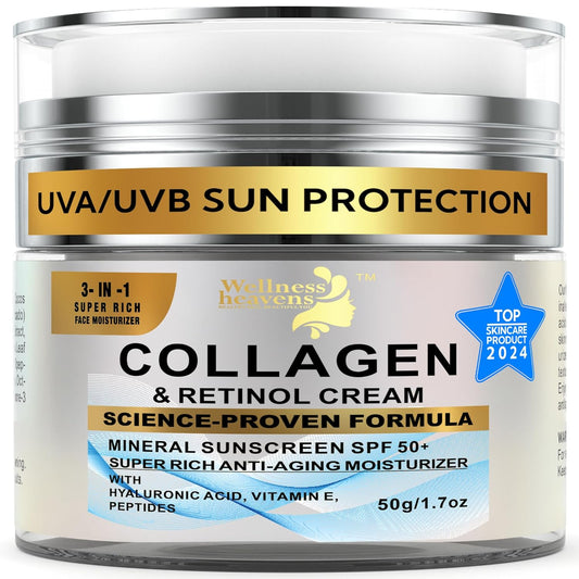 Daily Face Moisturizer with SPF 50 – Anti-Aging Retinol Cream with Hyaluronic Acid, Collagen & Broad Spectrum Sunscreen – Firming & Hydrating Day and Night Face Cream for Fine Lines & Wrinkles (1.7 Oz)