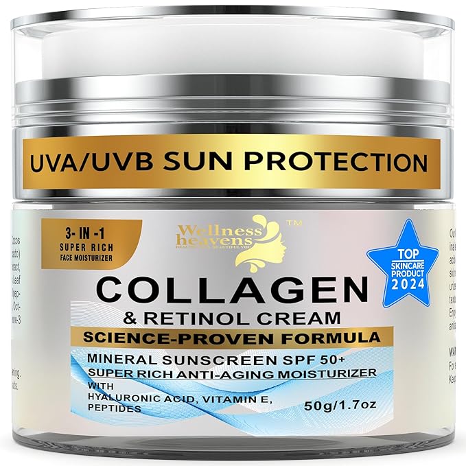 Daily Face Moisturizer with SPF 50 - Retinol, Hyaluronic Acid & Collagen with Age-Defying, Lift & Firm Cream and Sun Protection - Day & Night Repair Moisturizing Anti-Aging Sunscreen Lotion | 1.7oz
