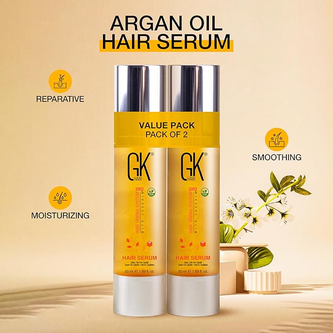GK HAIR Global Keratin 100% Organic Argan Oil Anti Frizz Hair Serum Pack of 2 (1.69 Fl Oz/50ml) Styling Smoothing Strengthening Hydrating & Nourishing Heat Protection Shine For Frizzy Dry Damaged Hair