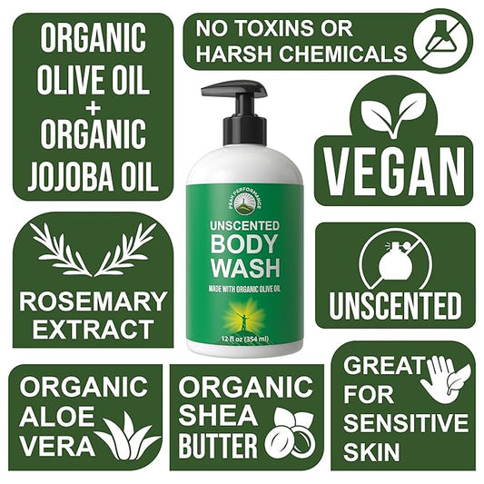 Ultra Pure Unscented Body Wash Made With Organic Ingredients Including Aloe Vera, Olive Oil, Jojoba, Coconut Oil, and Shea Butter. Great For Sensitive Skin. Natural Vegan Body Wash No Toxins