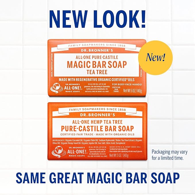 Dr. Bronner's Pure-Castile Magic Bar Soap (Tea Tree, 5 ounce, 6-Pack) - Made with Regenerative Organic Certified Oils, For Face, Body & Hair, Gentle, Vegan, Non-GMO