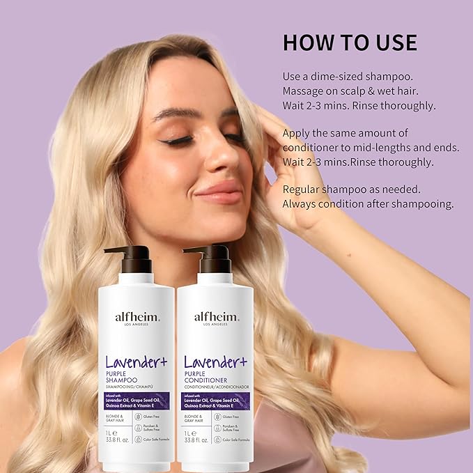 Alfheim Lavender+ Purple Shampoo & Conditioner Set | Neutralize Brassiness & Enhance Cool Tone for Platinum, Silver ＆ Blonde Hair | Anti Brass While Hydrating | Paraben-Free, Color-Safe | 33.8 oz Each