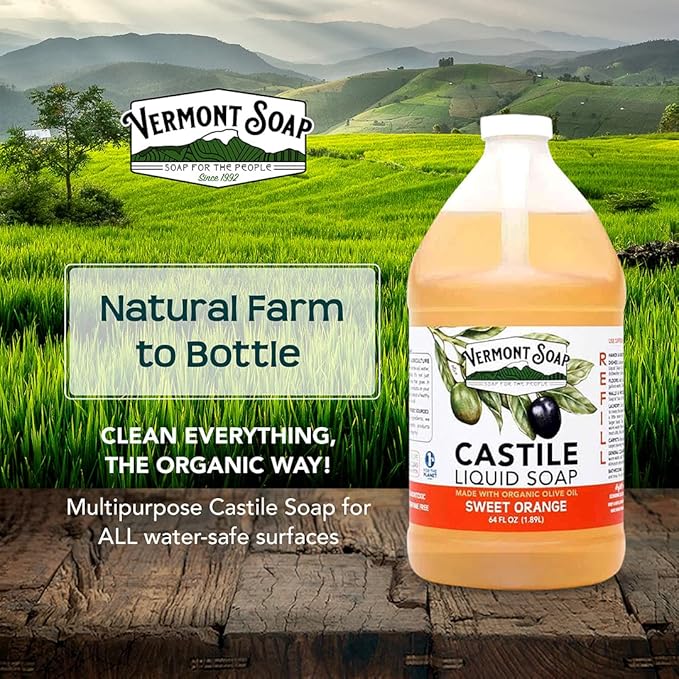 Vermont Pure Castile Soap Orange, Gentle Liquid Soap for Sensitive Skin & Natural Body Wash, Organic Hair Shampoo for Oily Hair, Aloe Castile Soap for Men & Women - 64 Oz