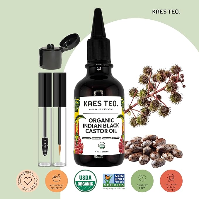 Organic Black Castor Ayurvedic Hair Oil Hexane Free, Boost Hair Growth, Not Jamaican Black Castor Oil, 100% Pure, Cold Pressed, USDA Certified, Skin, Nail, Scalp, Eyebrows & Lashes 4 fl oz