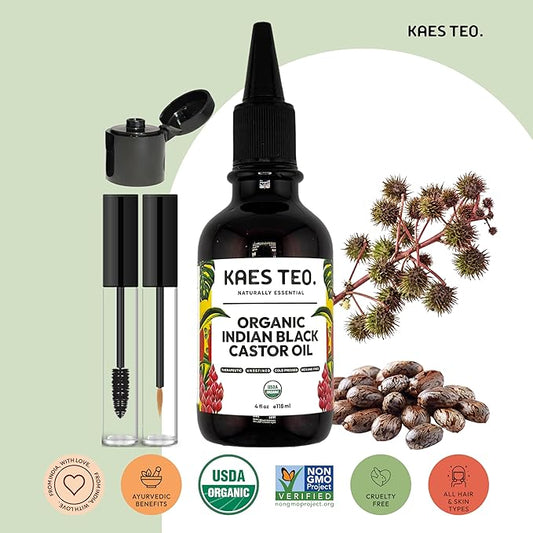 Organic Black Castor Ayurvedic Hair Oil Hexane Free, Boost Hair Growth, Not Jamaican Black Castor Oil, 100% Pure, Cold Pressed, USDA Certified, Skin, Nail, Scalp, Eyebrows & Lashes 4 fl oz