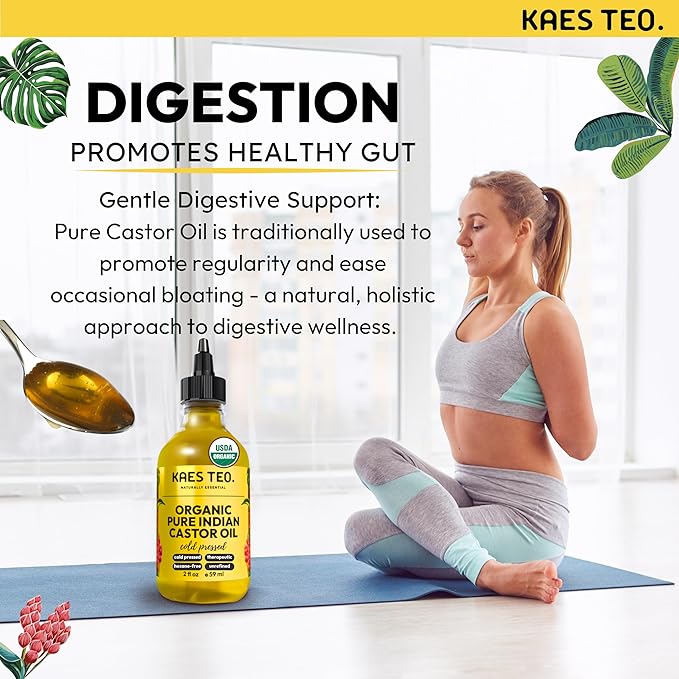 Organic Castor Oil 100% Pure Cold Pressed 2 Fl Oz Extra Virgin Unrefined Hexane Free - USDA Certified Organic, Golden Castor oil for Face, Skin, Hair, Eyebrows - Boost Hair Growth