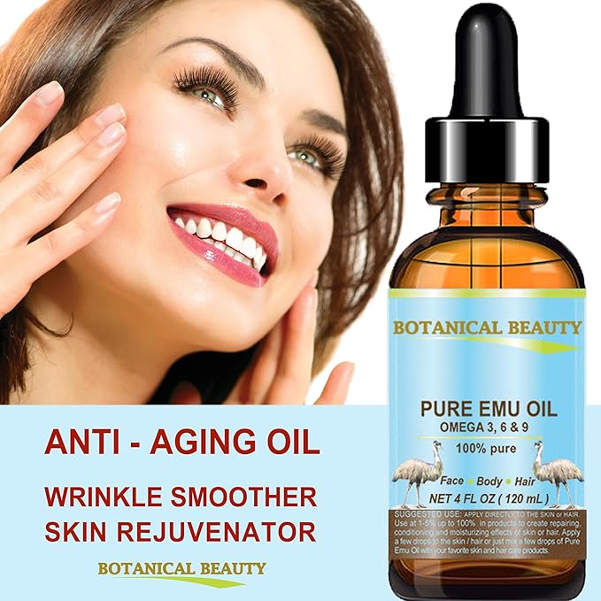 Botanical Beauty PURE EMU OIL 100% Natural Unrefined for Face, Skin, Body, Hands, Feet, Nails, Hair, Lip Care 4 Fl Oz - 120 ml
