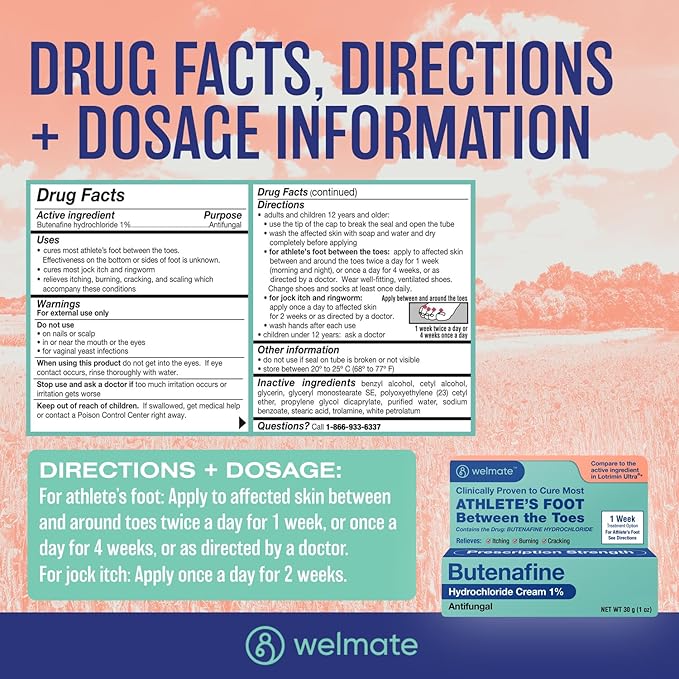WELMATE - Athletes Foot Treatment Extra Strength - Antifungal Cream - Butenafine Hydrochloride - Relief from Ringworm, Athlete's Foot & Jock Itch - Foot Care - Nail Fungus Treatment for Toenail - 1oz
