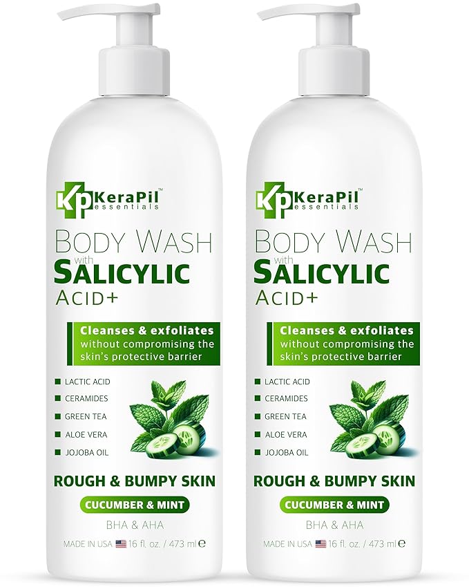 Exfoliating Body Wash with Salicylic Acid - No Dry Out, Gentle Exfoliates Rough and Bumpy Skin, Body Acne Wash, BHA & AHA - Cucumber and Mint Salicylic Acid Body Wash - (16 fl oz x 2)