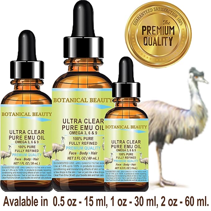 Botanical Beauty PURE EMU OIL ULTRA CLEAR 100% Natural REFINED for FACE, SKIN, BODY, HANDS, FEET, NAILS, HAIR, LIP CARE 0.5 Fl. oz. - 15 ml