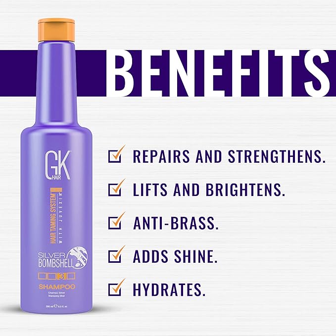 GK HAIR Global Keratin Silver Bombshell Purple Shampoo (9.5 Fl Oz/280ml) For Blonde, Platinum, Ash, Silver & Gray Hair Moisturizes Dry & Damaged Removes Yellow Brassy Tones