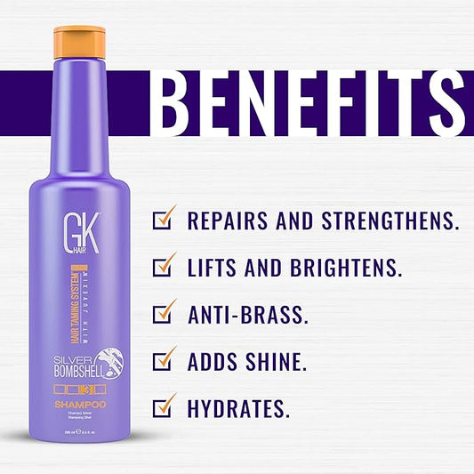 GK HAIR Global Keratin Silver Bombshell Purple Shampoo (9.5 Fl Oz/280ml) For Blonde, Platinum, Ash, Silver & Gray Hair Moisturizes Dry & Damaged Removes Yellow Brassy Tones