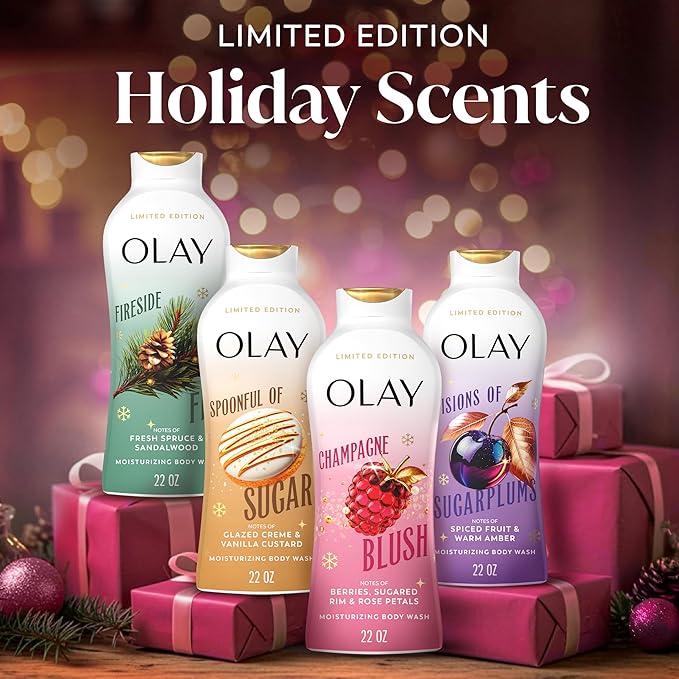 Olay Body Wash for Women, Hydrating & Moisturizing, Holiday Edition, With Plant Based Cleansers, B3 Complex, For All Skin Types, Champagne Blush with Berries Sugared Rim & Rose Petals Scent, 22 fl oz
