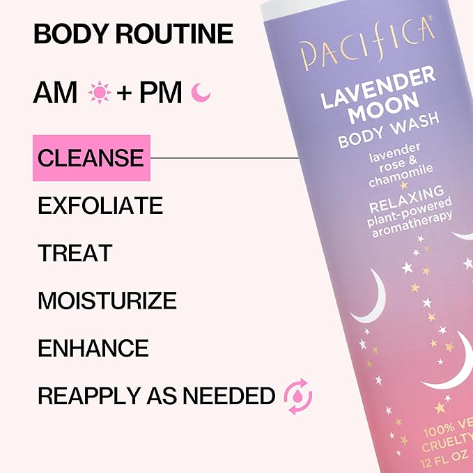 Pacifica Beauty Lavender Moon Body Wash with Pump, Bath and Shower Gel, Hyaluronic Acid, Rose, Chamomile, Moisturizing, Hydrating, Cleansing, Soothing, Calming, Relaxing, Vegan, 12 fl oz (1 Count)