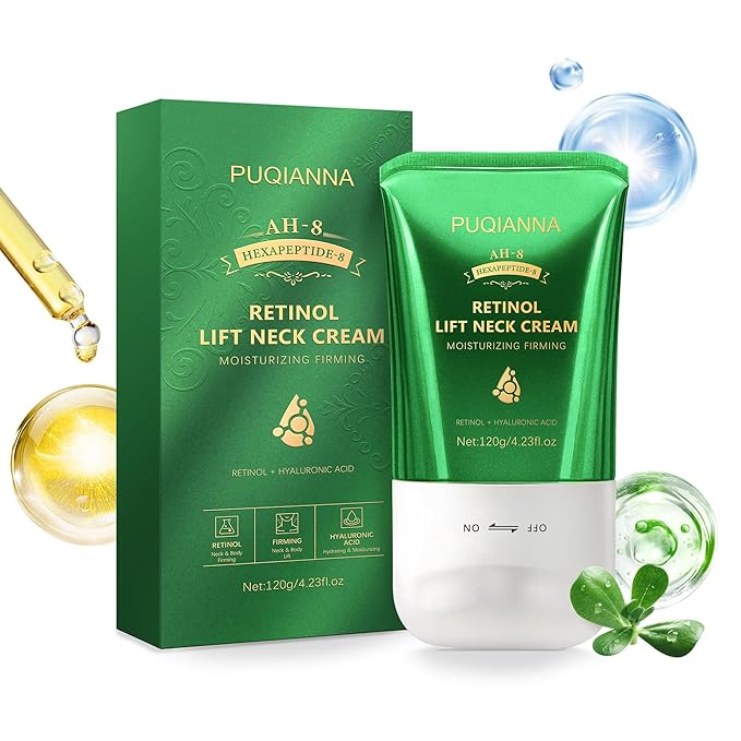 Retinol Neck Cream with Roller - AH8 Lift Firming Cream for Crepey Skin, Hyaluronic Acid Moisturizer for Face, Neck & Body, Tightening & Lifting Treatment for Wrinkles & Lines 4.23oz