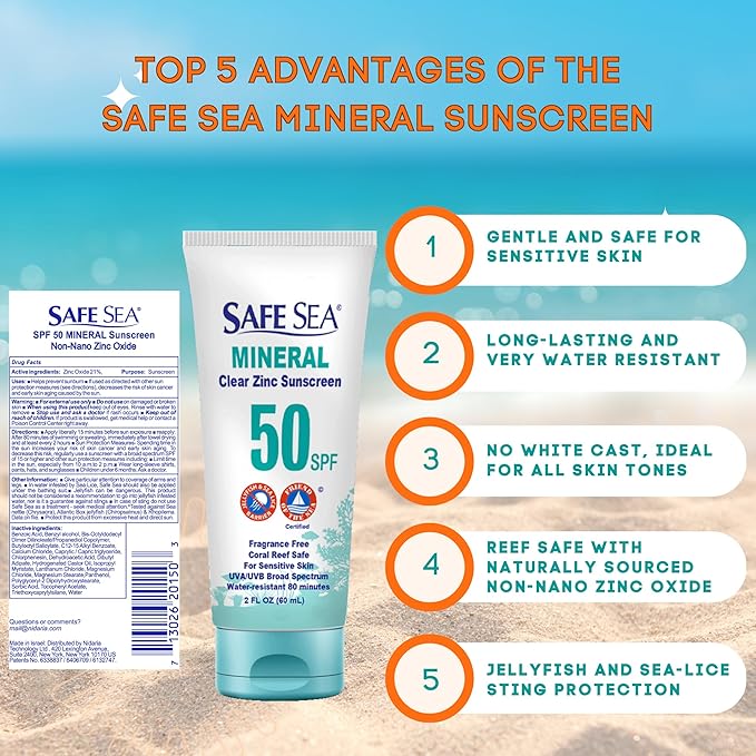 Safe Sea Zinc Oxide Sunscreen SPF50 | Clear Mineral Face Sunscreen | Anti-Jellyfish Sting Protective Lotion | Coral Reef Safe | Travel Size - 2Oz (60ml), Pack of 1