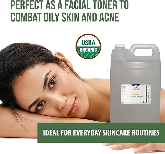 Organic Witch Hazel – 100% Pure Natural USP Astringent with 14% Alcohol | Hamamelis Virginiana Extract for Face, Skin, Hair & Wellness | 128 Fl Oz | 1 Gallon | Net Wt: 3.8kg /8.4 lbs