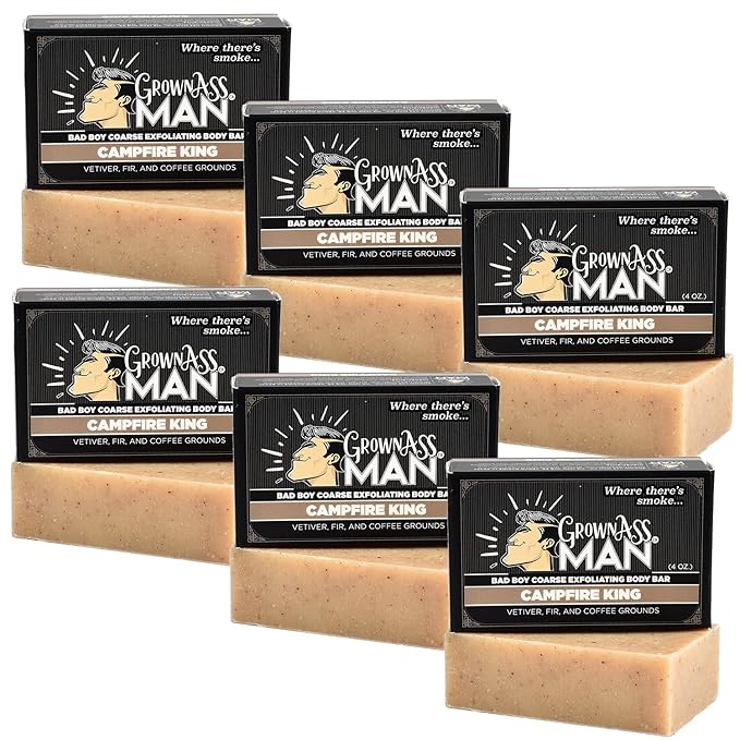 Grown Ass Man Co. Exfoliating Body Bars - Solid Soap with Natural Oils & Gentle Scrub - Plastic Free & Eco-Friendly, Natural & Organic for All Skin, 4oz Bar - Campfire King - Coarse Exfoliant, 6-Pack
