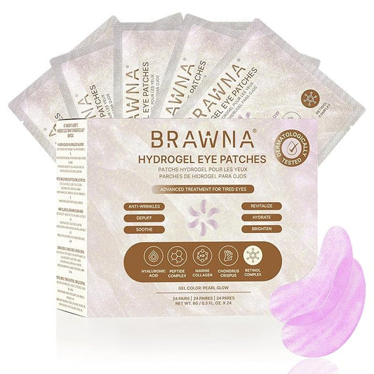 BRAWNA Under Eye Patches – Hydrogel Masks with Retinol, Collagen & Hyaluronic Acid – For Puffy Eyes, Wrinkles, Eye Bags & Dark Circles – Pearl Glow – 24 Pairs