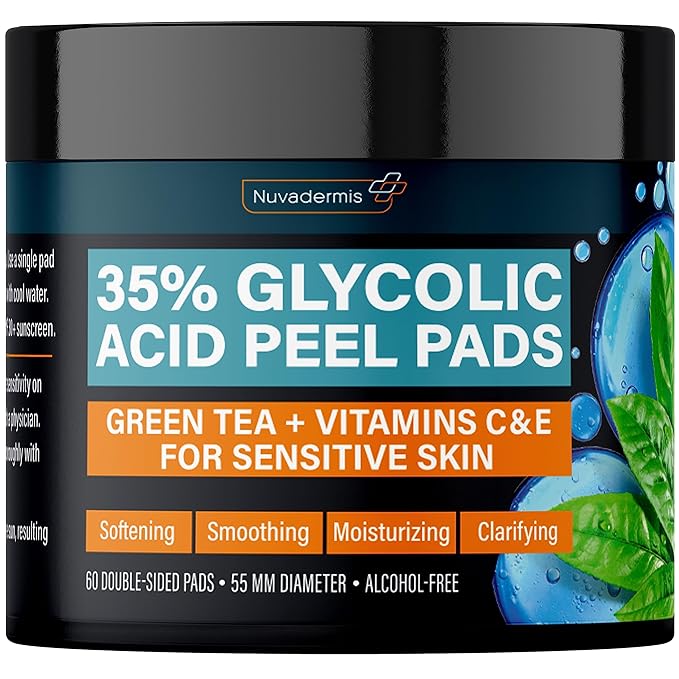 NUVADERMIS 35% Glycolic Acid Peel Pads – Exfoliating Facial Resurfacing for Blackheads, Dark Spots, and Acne – Safe for Sensitive Skin – 60 Double-Sided Pads