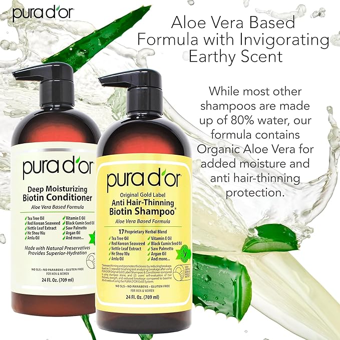 PURA D'OR Anti-Thinning Biotin Shampoo & Deep Moisturizing Conditioner Original Gold Label Set (24oz x2) Natural Earthy Scent, CLINICALLY TESTED Effective Results, Hair Thickening Product, Women & Men