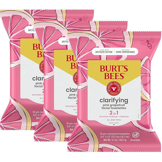 Burt's Bees Pink Grapefruit Face Wipes, for All Skin Types, Hydrating Makeup Remover & Facial Cleansing Towelettes, 30 Ct. (3-Pack)