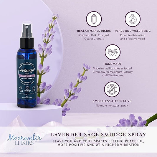 Lavender Sage Aromatherapy Spray for Spiritual Cleansing & Aura Protection, White Sage Lavender Spray - Cleansing Negative Energy & Protection, Clear Quartz Reiki Energized Aromatherapy Room Mist 4oz
